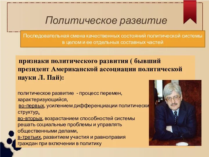 Политическое развитие Последовательная смена качественных состояний политической системы в целом и