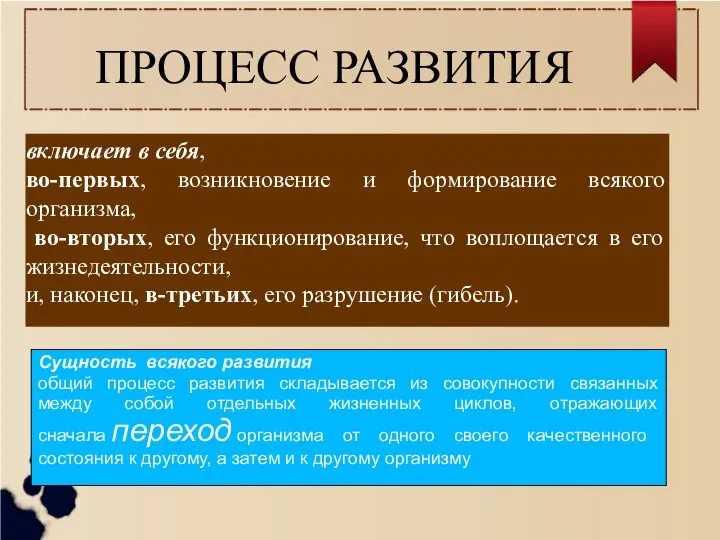 ПРОЦЕСС РАЗВИТИЯ включает в себя, во-первых, возникновение и формирование всякого организма,