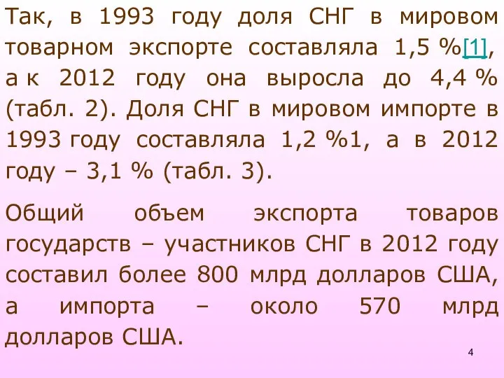 Так, в 1993 году доля СНГ в мировом товарном экспорте составляла