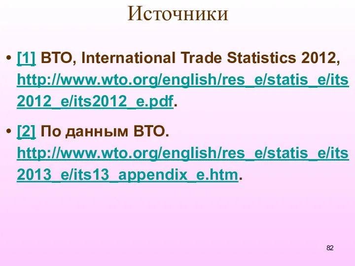 Источники [1] ВТО, International Trade Statistics 2012, http://www.wto.org/english/res_e/statis_e/its2012_e/its2012_e.pdf. [2] По данным ВТО. http://www.wto.org/english/res_e/statis_e/its2013_e/its13_appendix_e.htm.
