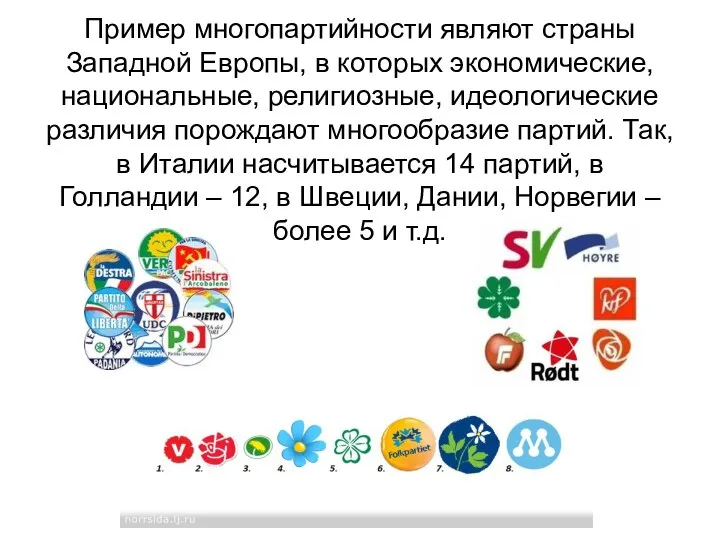 Пример многопартийности являют страны Западной Европы, в которых экономические, национальные, религиозные,