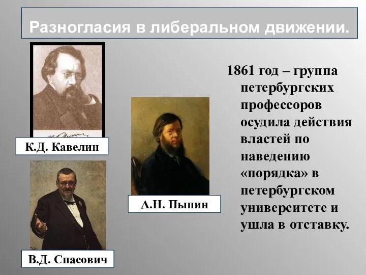 1861 год – группа петербургских профессоров осудила действия властей по наведению