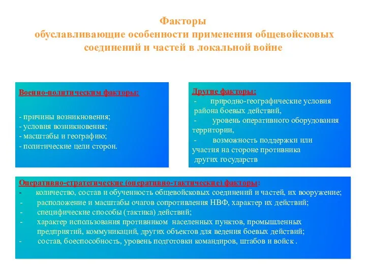 Факторы обуславливающие особенности применения общевойсковых соединений и частей в локальной войне