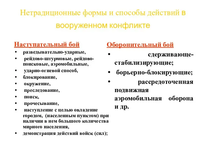 Нетрадиционные формы и способы действий в вооруженном конфликте Наступательный бой разведывательно-ударные,