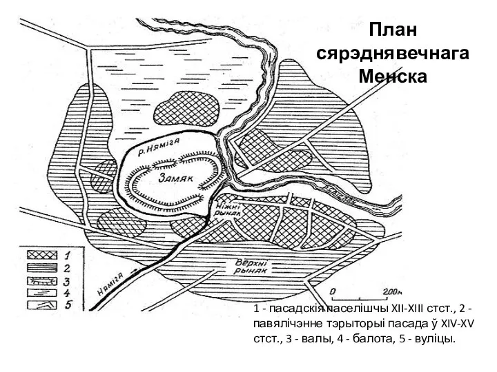 1 - пасадскія паселішчы XII-XIII стст., 2 - павялічэнне тэрыторыі пасада