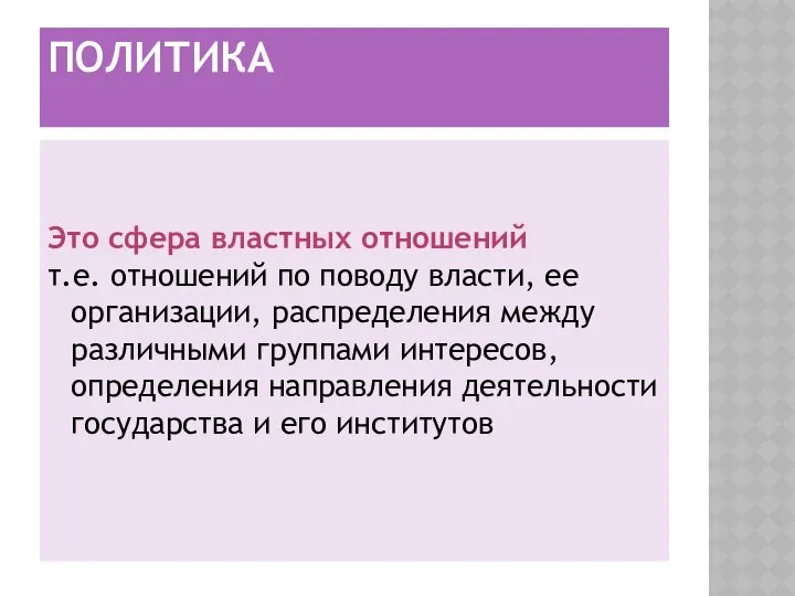 ПОЛИТИКА Это сфера властных отношений т.е. отношений по поводу власти, ее