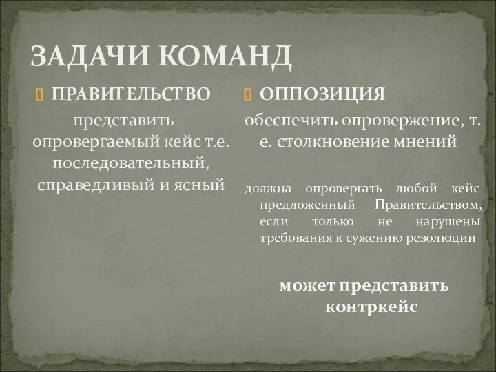 ЗАДАЧИ КОМАНД ПРАВИТЕЛЬСТВО представить опровергаемый кейс т.е. последовательный, справедливый и ясный