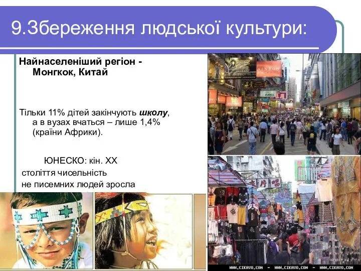 9.Збереження людської культури: Найнаселеніший регіон - Монгкок, Китай Тільки 11% дітей