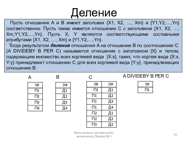 Деление Базы данных специального назначения. Лекция № 3 Пусть отношения A