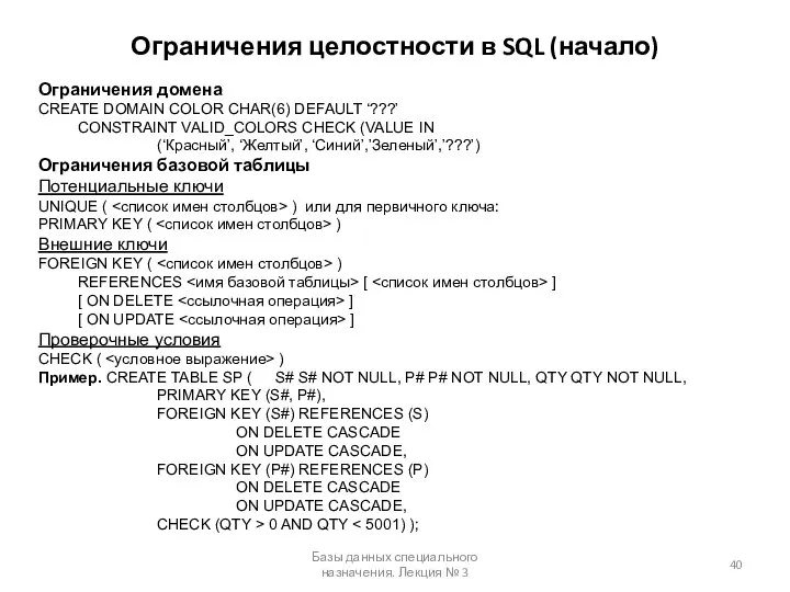 Ограничения целостности в SQL (начало) Базы данных специального назначения. Лекция №