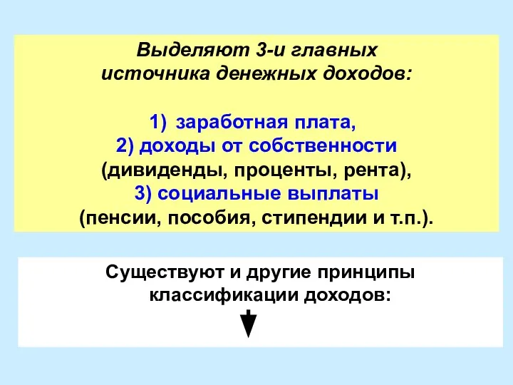 Выделяют 3-и главных источника денежных доходов: заработная плата, 2) доходы от