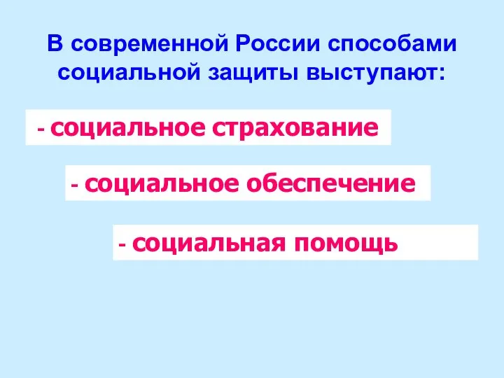 В современной России способами социальной защиты выступают: - социальное страхование - социальное обеспечение - социальная помощь