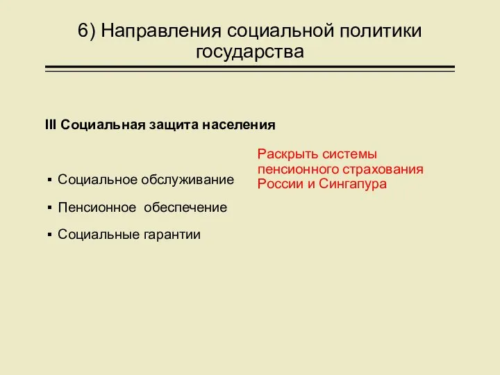 6) Направления социальной политики государства III Социальная защита населения Социальное обслуживание