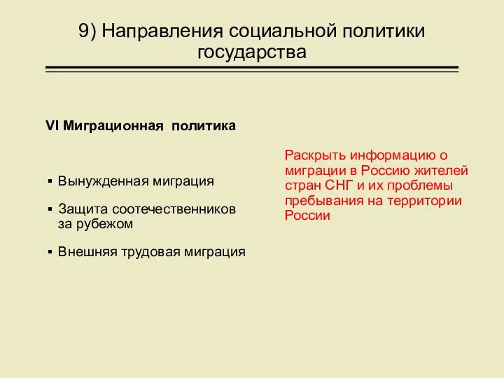 9) Направления социальной политики государства VI Миграционная политика Вынужденная миграция Защита