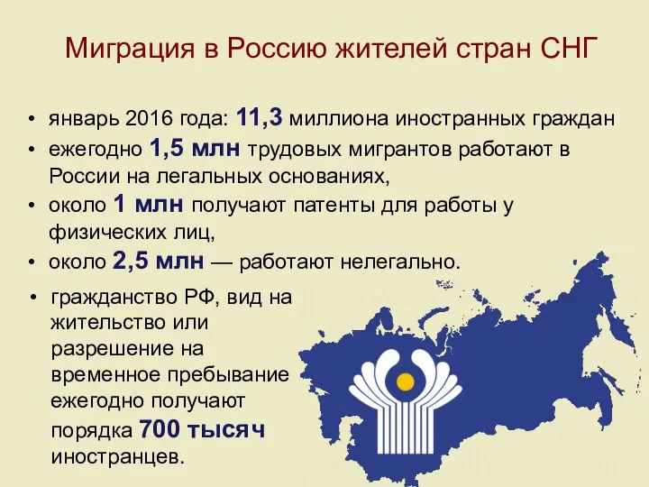 Миграция в Россию жителей стран СНГ январь 2016 года: 11,3 миллиона