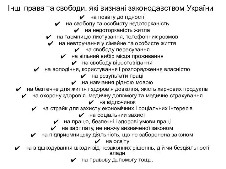 Інші права та свободи, які визнані законодавством України на повагу до