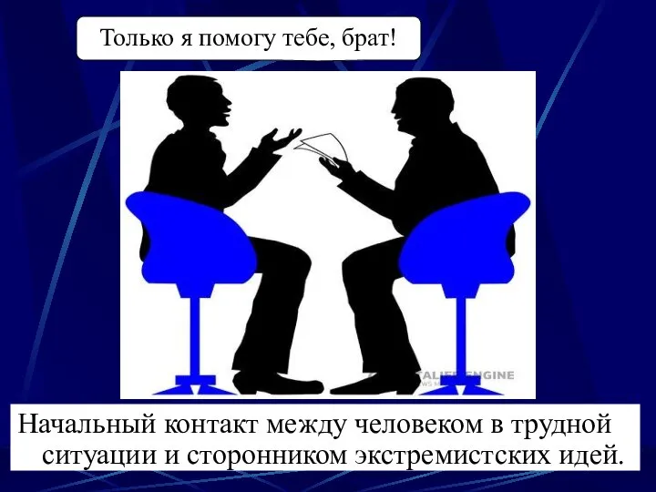 Начальный контакт между человеком в трудной ситуации и сторонником экстремистских идей. Только я помогу тебе, брат!