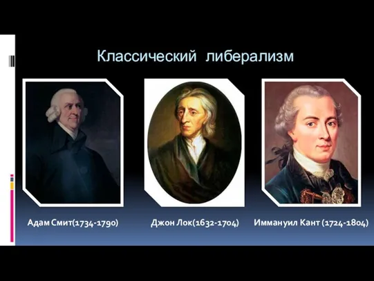 Классический либерализм Адам Смит(1734-1790) Джон Лок(1632-1704) Иммануил Кант (1724-1804)