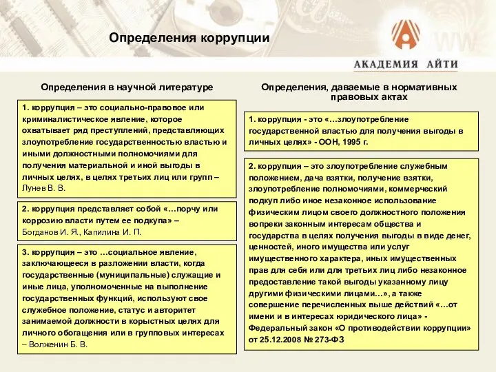 Определения коррупции Определения в научной литературе Определения, даваемые в нормативных правовых