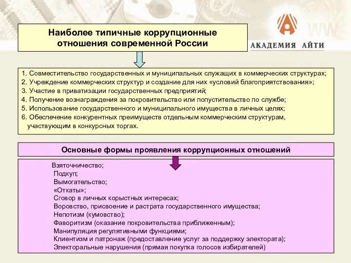 Наиболее типичные коррупционные отношения современной России 1. Совместительство государственных и муниципальных