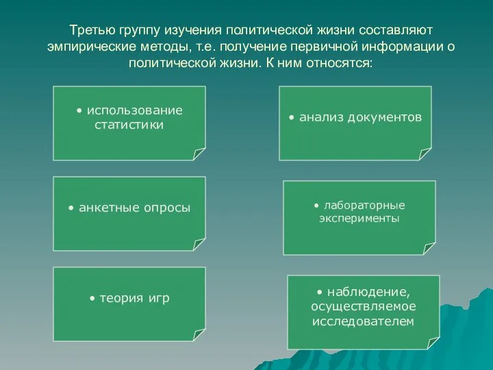 Третью группу изучения политической жизни составляют эмпирические методы, т.е. получение первичной