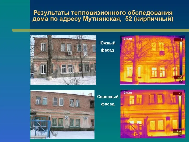 Результаты тепловизионного обследования дома по адресу Мутнянская, 52 (кирпичный) Северный фасад Южный фасад