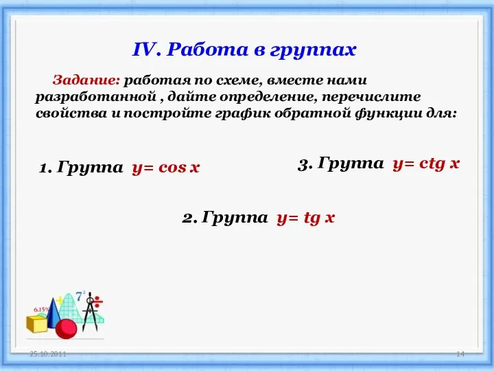 25.10.2011 IV. Работа в группах Задание: работая по схеме, вместе нами