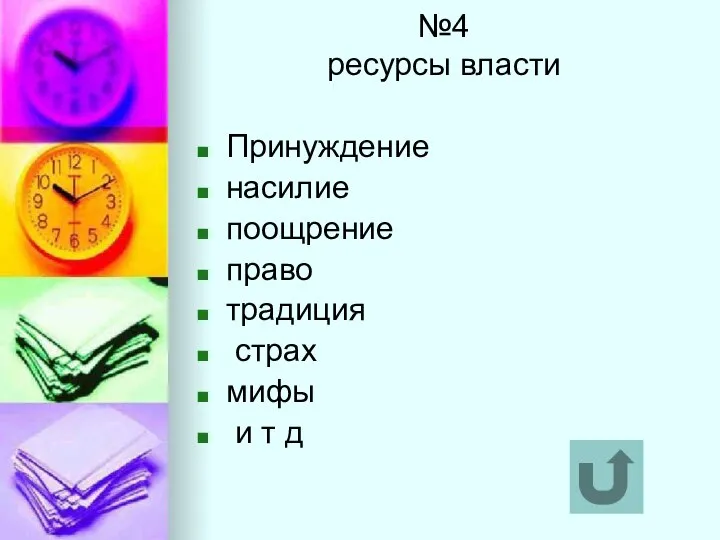 №4 ресурсы власти Принуждение насилие поощрение право традиция страх мифы и т д