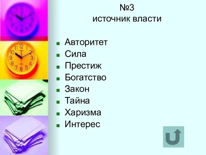 №3 источник власти Авторитет Сила Престиж Богатство Закон Тайна Харизма Интерес