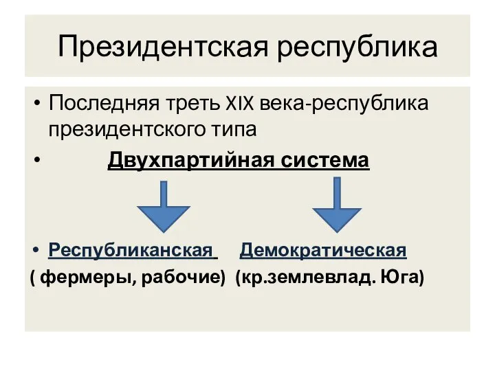 Президентская республика Последняя треть XIX века-республика президентского типа Двухпартийная система Республиканская