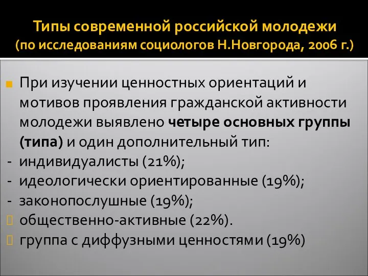 Типы современной российской молодежи (по исследованиям социологов Н.Новгорода, 2006 г.) При