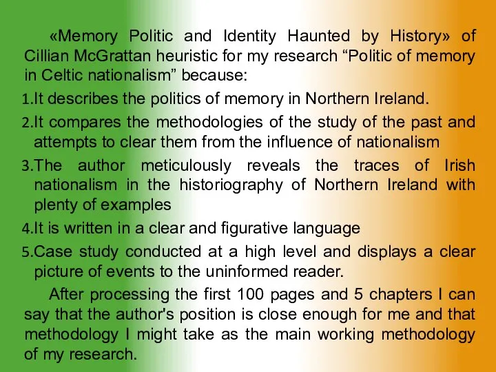 «Memory Politic and Identity Haunted by History» of Cillian McGrattan heuristic