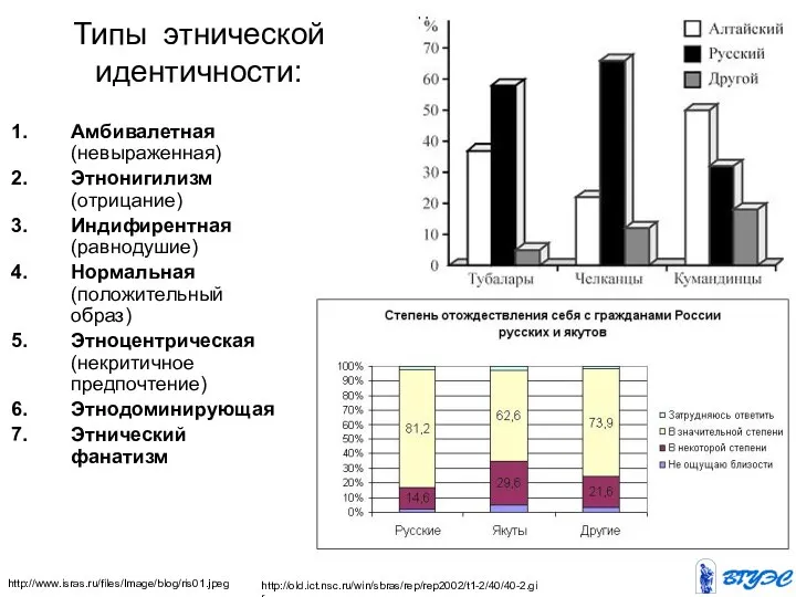 Типы этнической идентичности: Амбивалетная (невыраженная) Этнонигилизм (отрицание) Индифирентная (равнодушие) Нормальная (положительный