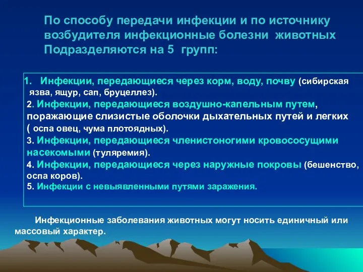 По способу передачи инфекции и по источнику возбудителя инфекционные болезни животных