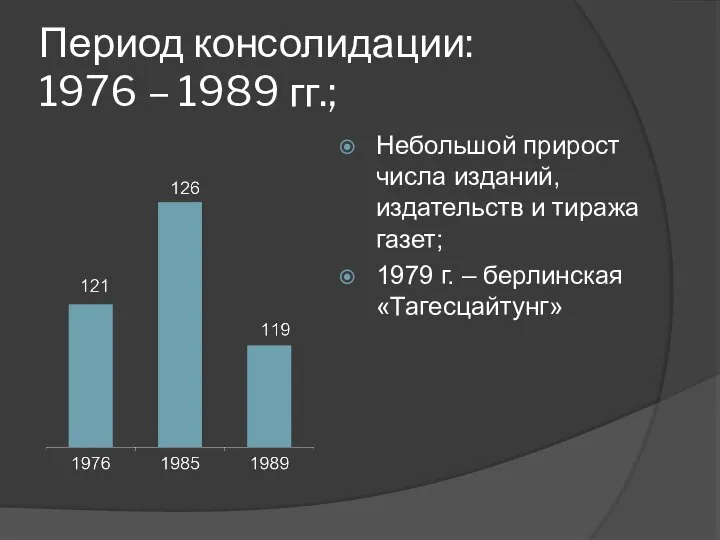 Период консолидации: 1976 – 1989 гг.; Небольшой прирост числа изданий, издательств