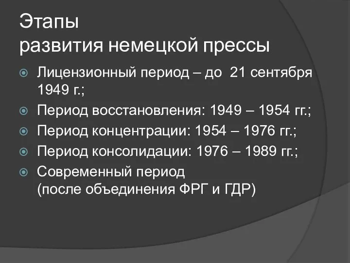 Этапы развития немецкой прессы Лицензионный период – до 21 сентября 1949