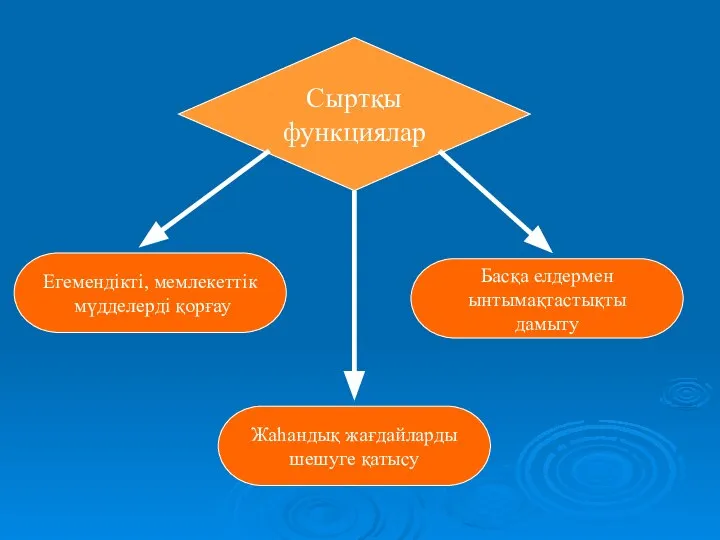 Сыртқы функциялар Егемендікті, мемлекеттік мүдделерді қорғау Басқа елдермен ынтымақтастықты дамыту Жаһандық жағдайларды шешуге қатысу