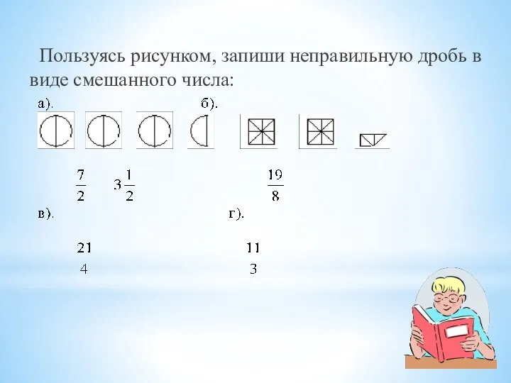 Пользуясь рисунком, запиши неправильную дробь в виде смешанного числа: