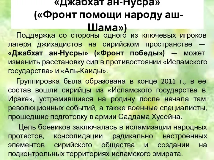 «Джабхат ан-Нусра» («Фронт помощи народу аш-Шама») Поддержка со стороны одного из