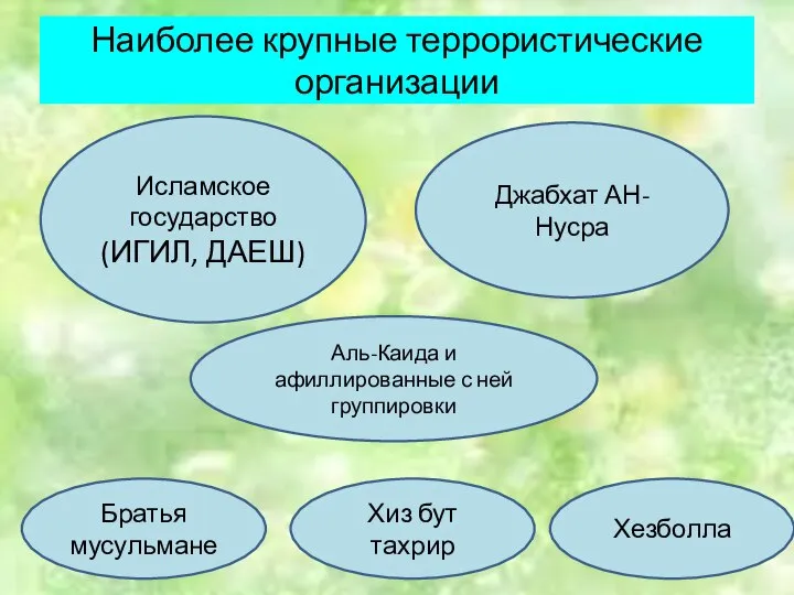 Наиболее крупные террористические организации Исламское государство (ИГИЛ, ДАЕШ) Аль-Каида и афиллированные