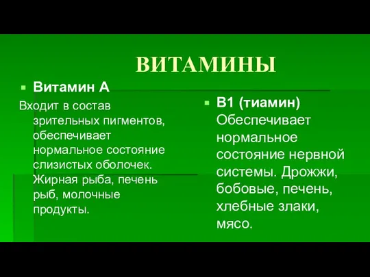 ВИТАМИНЫ Витамин А Входит в состав зрительных пигментов, обеспечивает нормальное состояние