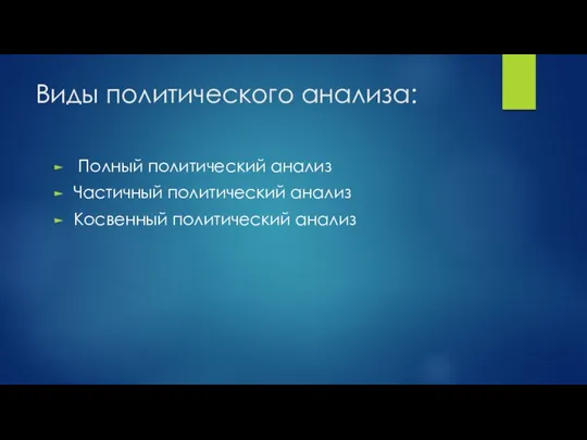 Виды политического анализа: Полный политический анализ Частичный политический анализ Косвенный политический анализ