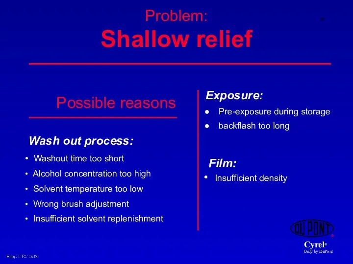 Problem: Shallow relief Exposure: Pre-exposure during storage backflash too long Wash
