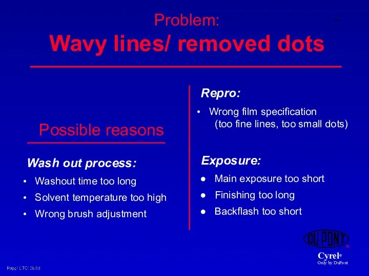 Problem: Wavy lines/ removed dots Exposure: Main exposure too short Finishing