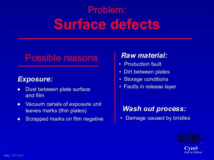 Problem: Surface defects Exposure: Dust between plate surface and film Vacuum