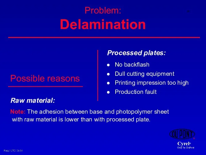 Problem: Delamination Processed plates: No backflash Dull cutting equipment Printing impression