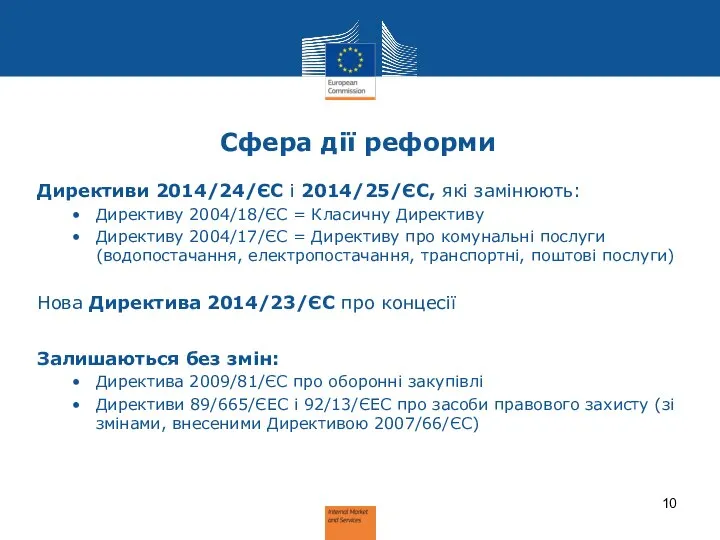 Сфера дії реформи Директиви 2014/24/ЄС і 2014/25/ЄС, які замінюють: Директиву 2004/18/ЄС