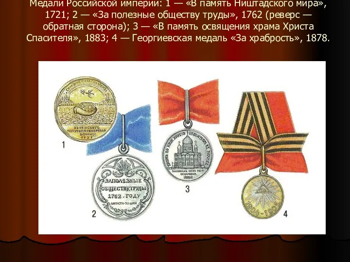 Медали Российской империи: 1 — «В память Ништадского мира», 1721; 2
