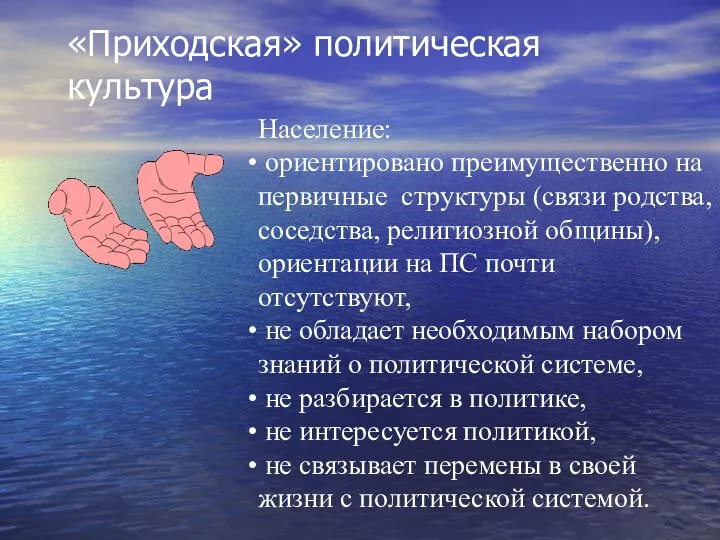 «Приходская» политическая культура Население: ориентировано преимущественно на первичные структуры (связи родства,