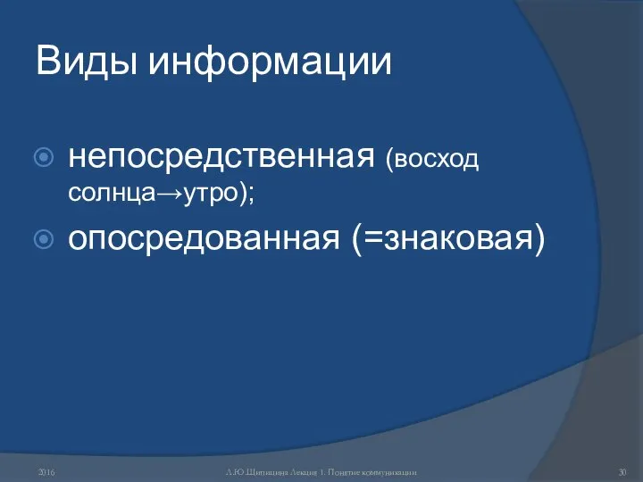 Виды информации непосредственная (восход солнца→утро); опосредованная (=знаковая) 2016 Л.Ю.Щипицина Лекция 1. Понятие коммуникации